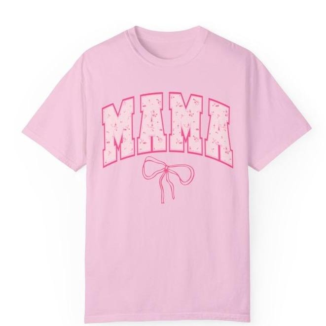 Pink Coquette Mama Shirt, Mother's Day Gift for Mom, Mama Floral Letters Shirt, Cute Mom Bow Shirt, Oversized Mama Tshirt, Unisex Graphic Shirt Gift For Women, For Men