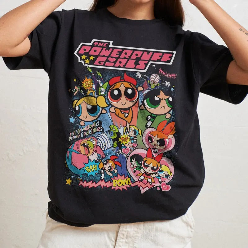 Powerpuff Girls Vintage T-shirt, Aesthetic Graphic Tee Tshirts, Cute Retro Cartoon, Baddie Bubblegum Girl, Top Womenswear Streetwear Y2k Oversize Sweatshirt