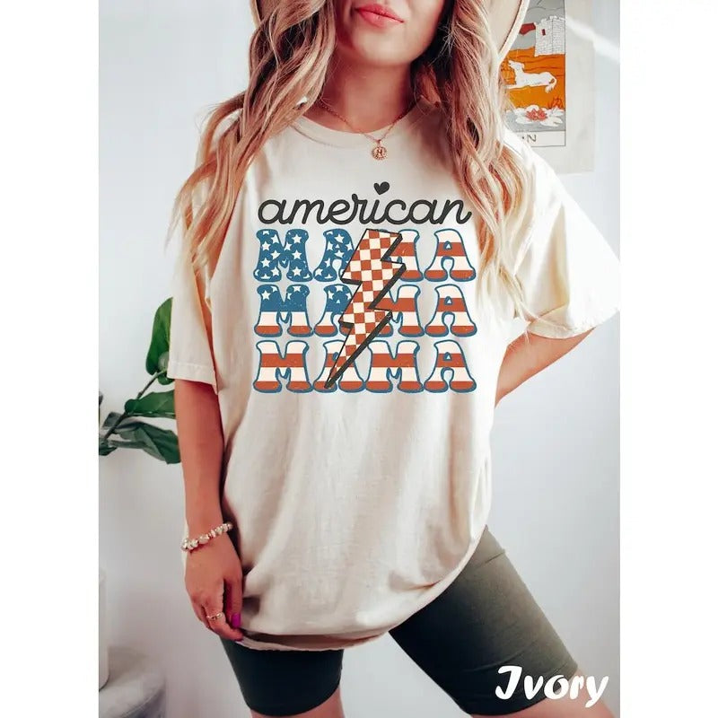 Premium  American Mama Shirt, 4th of July Shirt For Mom,  Tee, Patriotic Mom, Mama To Be, Retro Tee For Women, American Shirt Women
