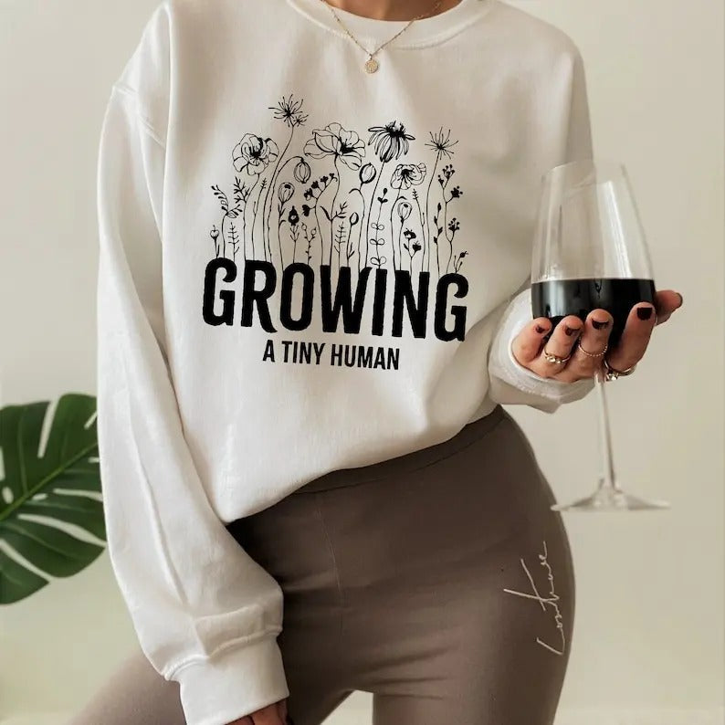 Premium  Growing A Tiny Human Sweatshirt, Cute Pregnancy Announcement Shirt, Funny Maternity Tshirt, New Mom Gift, Baby Shower Gift For Mom