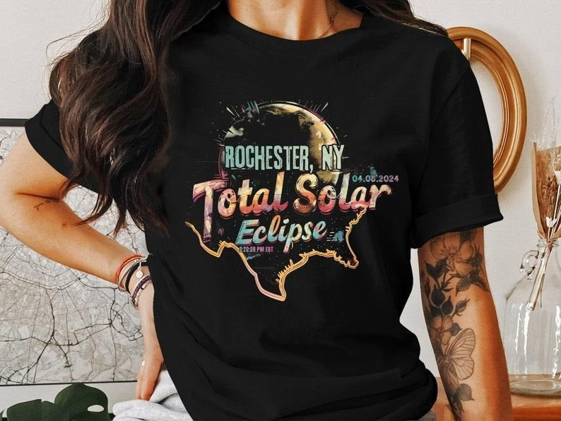 Premium  Rochester, NY 2024 Total Solar Eclipse Commemorative T-Shirt, Unique Eclipse Graphic Tee, Unisex Cotton Shirt, Astronomy Enthusiast Gift