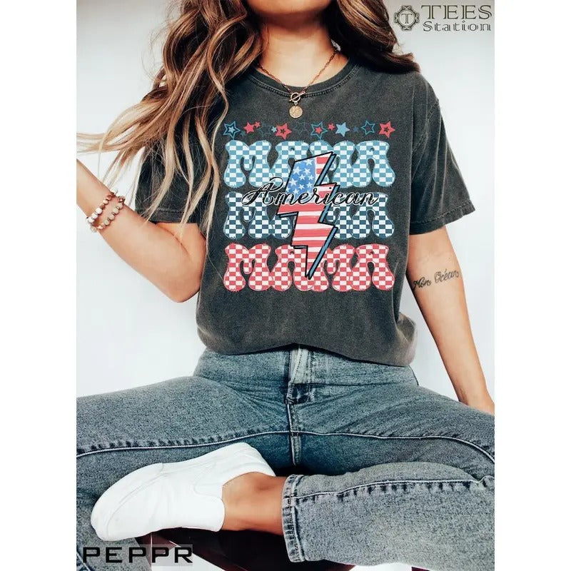 Premium  USA Flag American Mama 4th of July Shirt, Patriotic Mom Shirt, Mama Fourth of July Shirt, Shirts For Mom, 4th of July Mama