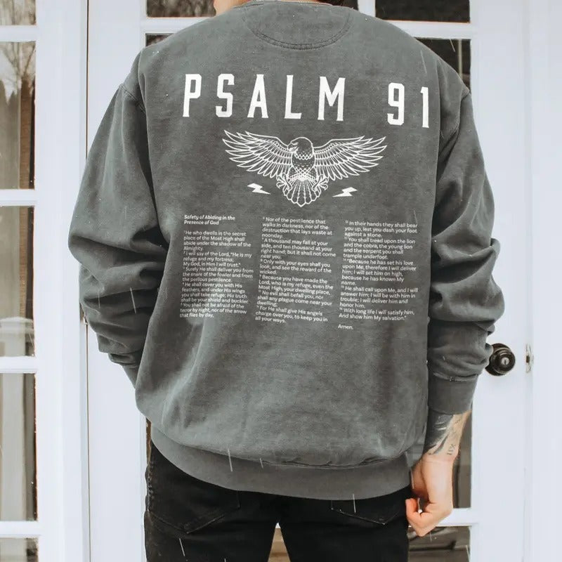 Psalm 91 Bible Verse Crewneck, Christian Sweatshirts, Vintage Faith Based Clothing 90s Rock N Roll Cotton Menswear