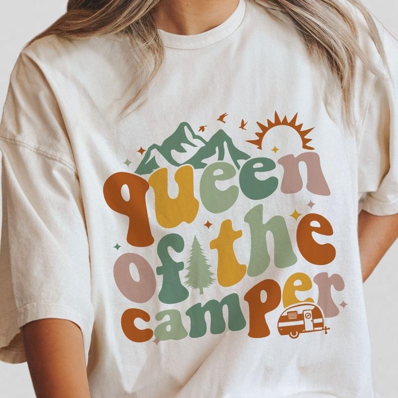 Queen of The Camper Shirt, Camping Shirt, Gift Camper Shirt, Travel Shirt for Women, Camp Lover Shirt, Funny Camping shirt, Groovy Camping Family Tee, Gift for Her, Matching Shirt with Family Shirt, Women Top Breathable Casual Comfortable T-Shirt Lady