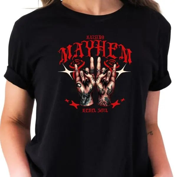 Raising Mayhem Rebel Soul T-Shirt - Black Tatted Hands Peace Sign Graphic Tee with Distressed Design, Edgy Style for Nonconformists & Free Spirits