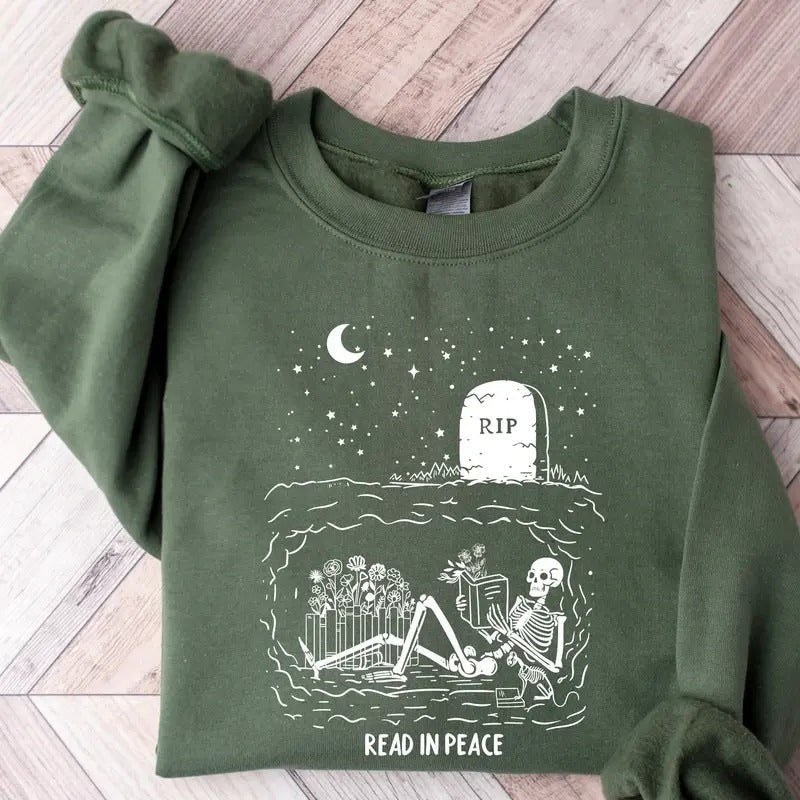 Read In Peace Halloween Sweatshirt, Funny Skeleton Reading Halloween Sweater, Halloween Librarian, Halloween Shirt, Teacher Gift, Boo School Shirt
