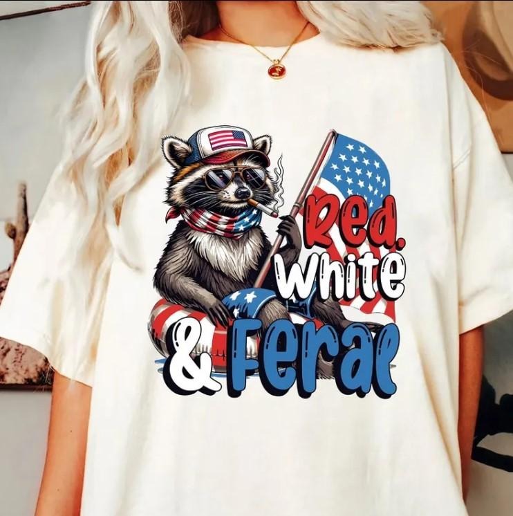 Red White And Feral Funny USA Shirt, Funny Raccoon Shirt