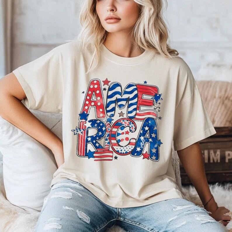 Retro America tshirt, 4th of July shirt, America Checkered tshirt, Memorial Day shirt, American Girl tshirt, American Flag Sublimation 4th of July Shirt , women's shirts, Gift for Mom, Menswear Top, women top, Gift For menswear