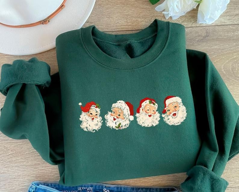 Retro Cheerful Santa Sweatshirt,Vintage Christmas Shirt,Classic Christmas Sweatshirt,Womens Holiday Sweatshirt,Santa Merry Christmas Hoodie and Sweater; T-shirt Cotton Womenswear