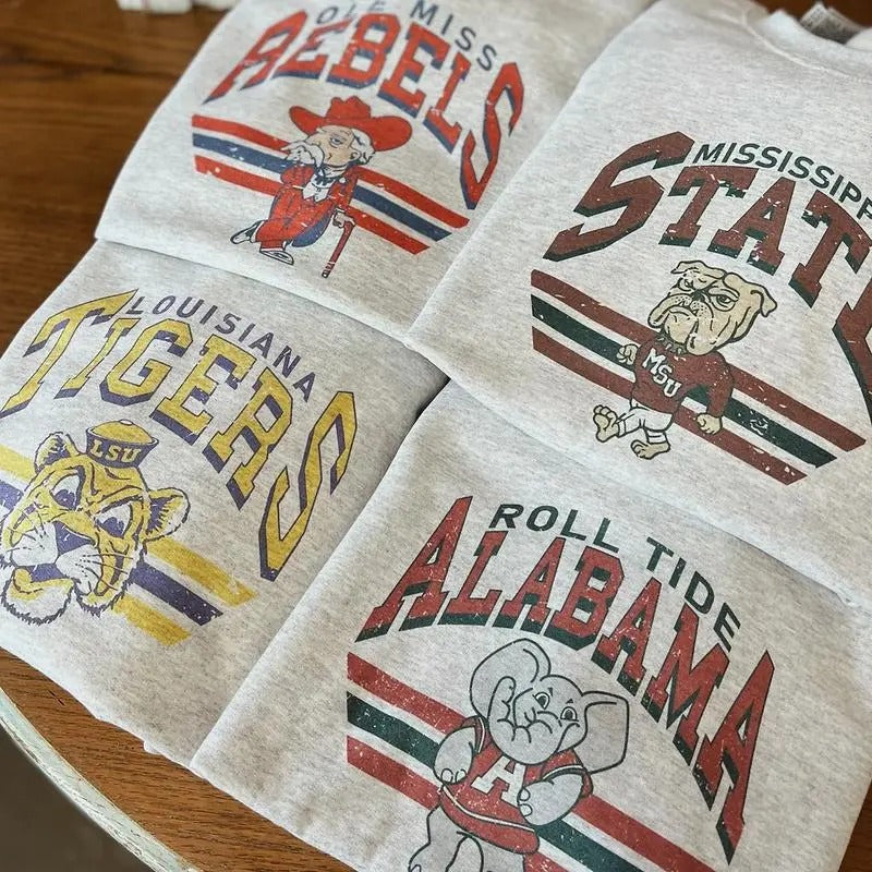Retro College Football Mascot Crewneck Sweatshirt, Classic Menswear Tops Cotton Sweaters