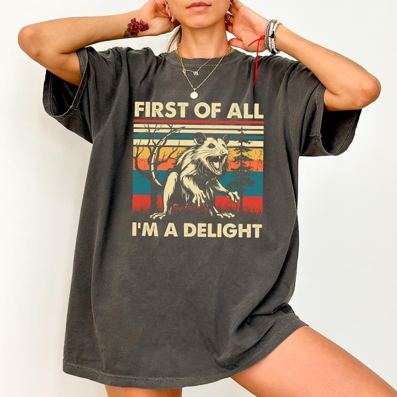 Retro First Of All I'm A Delight Sweatshirt, Angry Opossum Crewneck for Women, Vintage Sarcastic Shirt, I'm A Delight Graphic Printed Sweater, Funny Opossum Lover Gift, Opossum Meme Tee, Comfy Cotton Long Sleeve Pullover, Women's Tops, Casual Womenswear