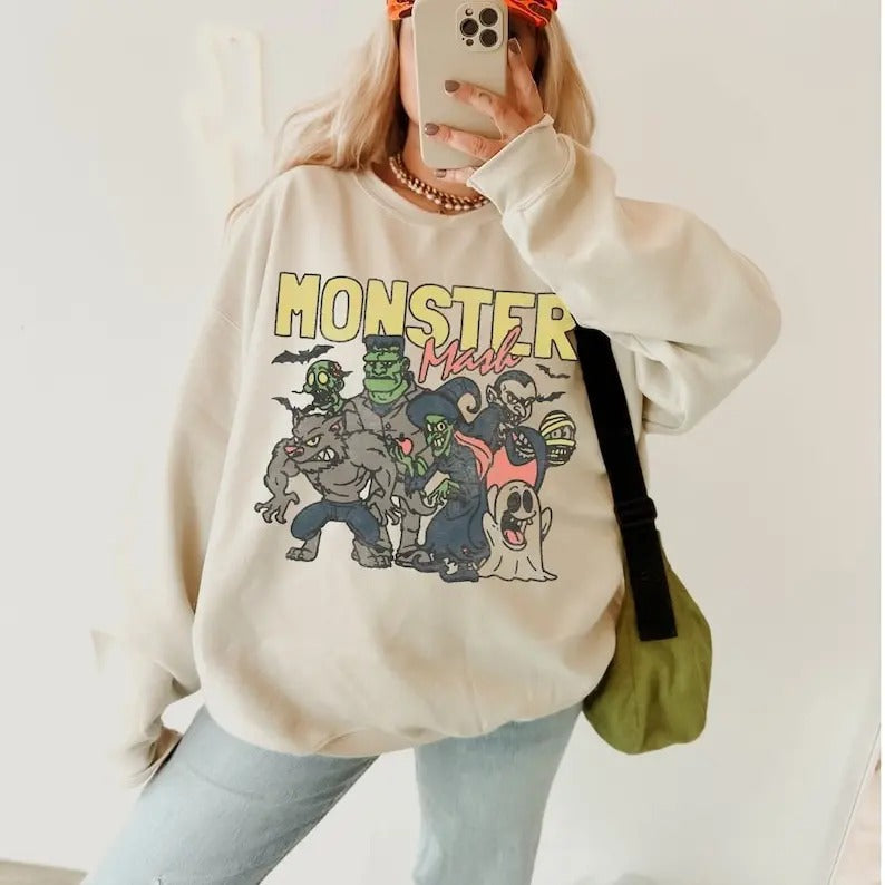 Retro Halloween Sweatshirt, Monster Mash Sweatshirt, Vintage Halloween Tee, Halloween Sweatshirt, Cute Ghost Shirt, Halloween Gift Idea, Frankenstein Dracula Spooky Halloween Shirt Monster