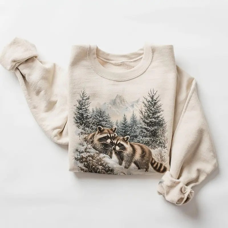 Retro Raccoons Snowy Forest Winter Scene Sweatshirt - Nineties 90s Vintage Cute Animals Hoodie Cotton Pullover