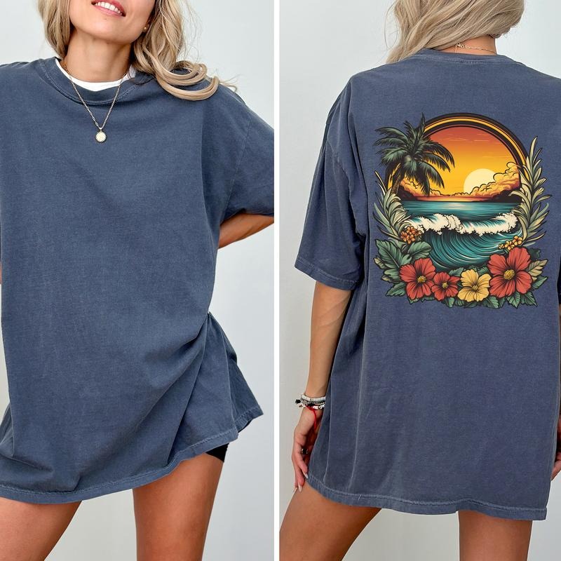 Retro Sunset Beach Vibes Comfort Colors Shirt, Traditional Floral Beach T-shirt, Summer Vibes Graphic Tee, Beach Lover Clothing, Vacation Shirt