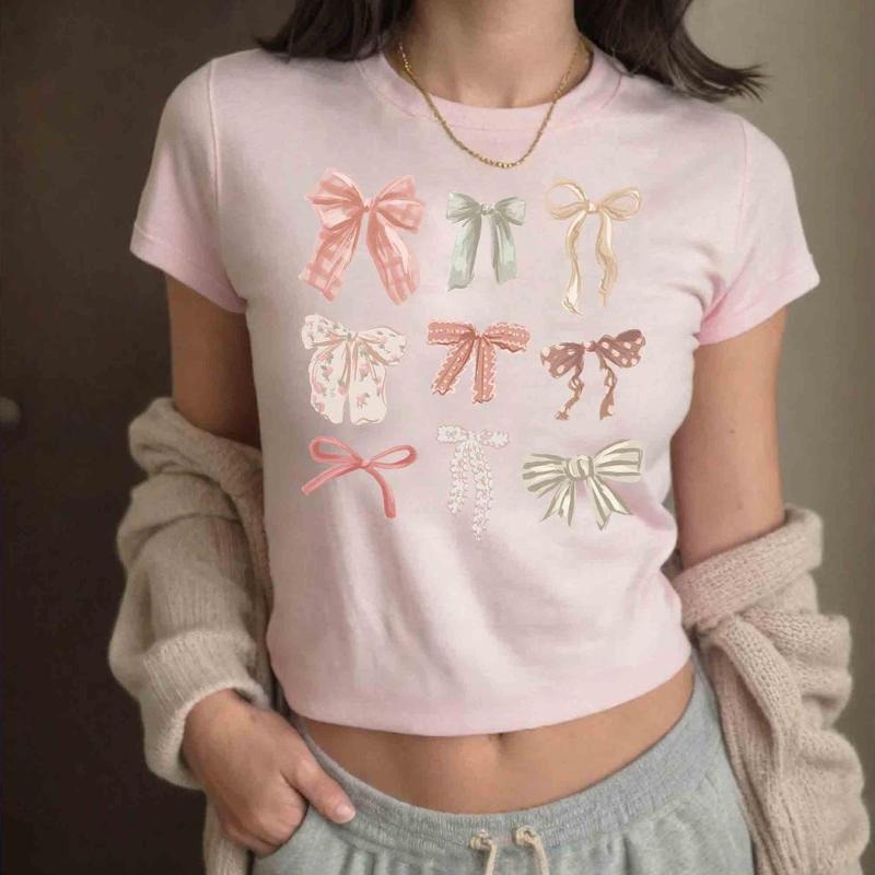 Retro Watercolor Coquette Bows Baby Tee, Vintage Collage Aesthetic Bow Croptop Women Shirt, Birthday Girl 2025 Shirt, Girl Trip Baby Tee