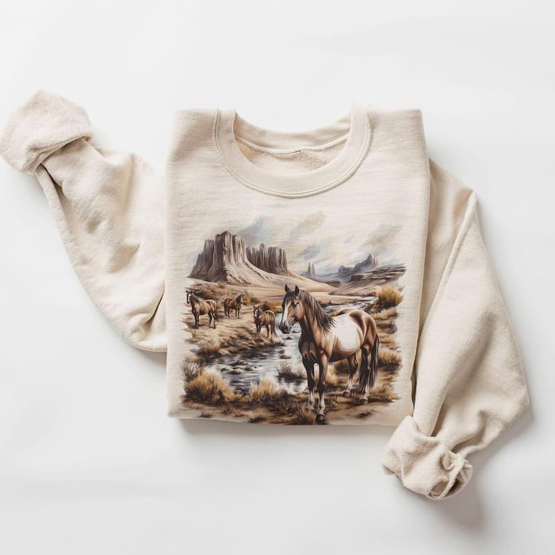 Retro Wild Horses Desert Canyon Fall Scene Sweatshirt - 90's Vintage Horse Lover Gift Outfit - Boho Unisex Crewneck Sweatshirt