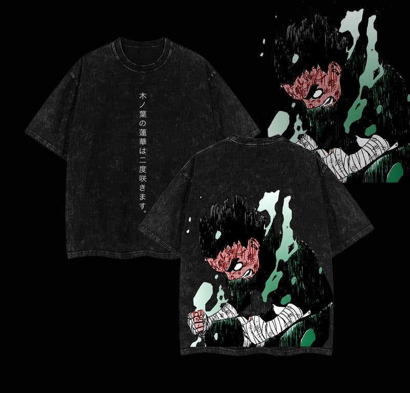 Rock Lee - Naruto Anime Double Printed Vintage Washed Tee Unisex Oversize Anime Manga Washed Heavyweight Cotton T-shirt, Gift For Anime Fan, Anime Lover