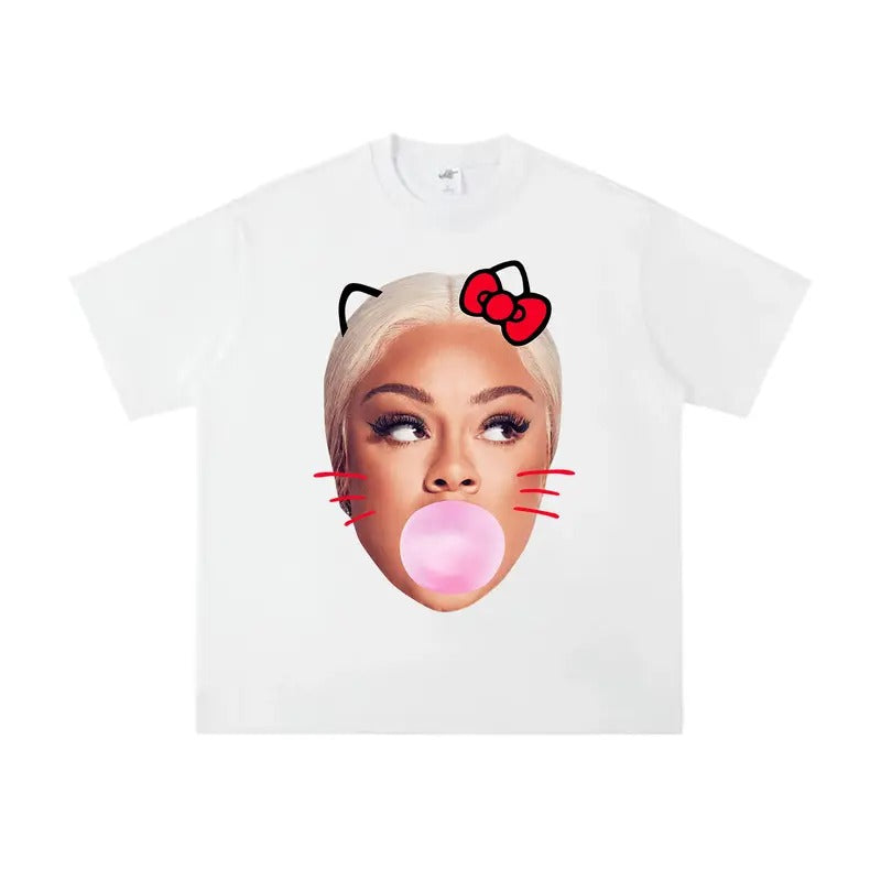 Rock the Vibe with Big Lattooo Red Kitty Bubble Gum Graphic Rap Tee