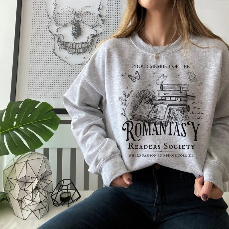 Romantasy Reader Sweatshirt, Booklover Booknerd Bookish Hoodie, Bookclub Smut Fantasy Gift for Her Spicy Dark Romance Book Loving Read Unisex Soft Comfort Crewneck Pullover Long Sleeves Graphic Fabric Sweater