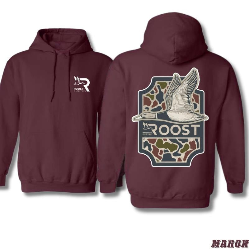 Roost Waterfowl Hoodie - Classic Duck Hunting Design with Bold Graphics and Camo, Perfect for Waterfowl Enthusiasts, Unisex Hoodie, Menswear Tops. Sweatshirts Pullover