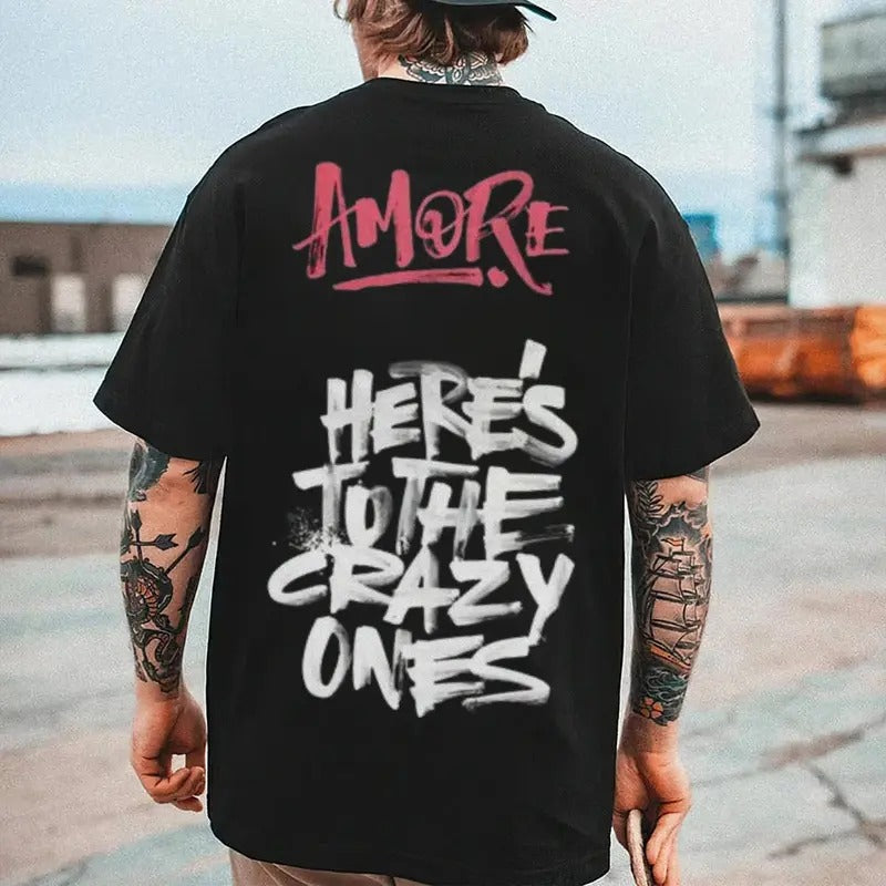 S-5XL Men's "HERE'S TO THE CRAZY ONES" Graphic Tee, Casual Cotton Motorcycle Shirt, Streetwear Fashion