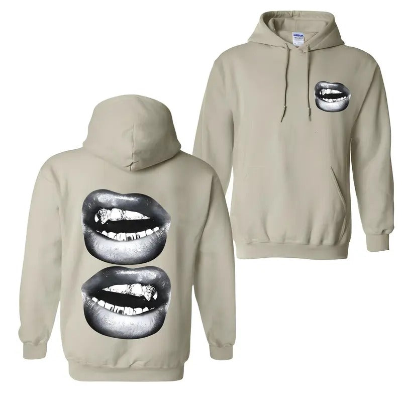 S-5Xl Manfinity EMRG A White Street Style Top With Full Black And White Mouth Pattern, Suitable For Summer Men's Hoodie, Sweatshirt, Comfort Errands, Classic Cotton, Unisex Hoodie, Merch gift, Fabric Menswear Oversized Pocket Sport Sweaters