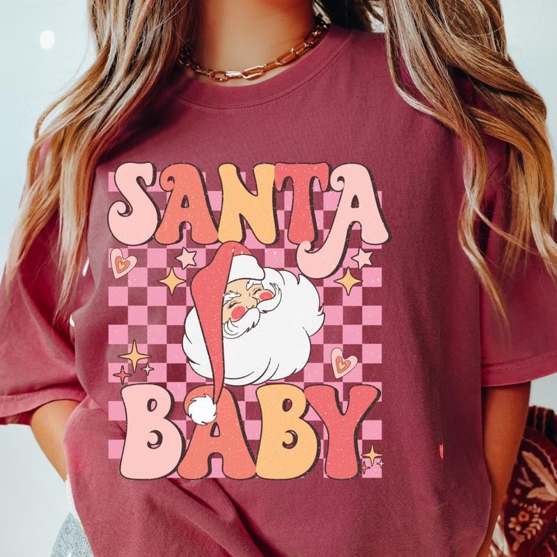 SANTA BABY CHECKERED SHIRT  (COMFORT COLORS T-SHRIT, CAUSAL SHIRT UNISEX, CHRISTMAS CLOTHING, GRAPHIC APPAREL) Cotton Fabric Printed Top Womenswear T-Shirt Oversized