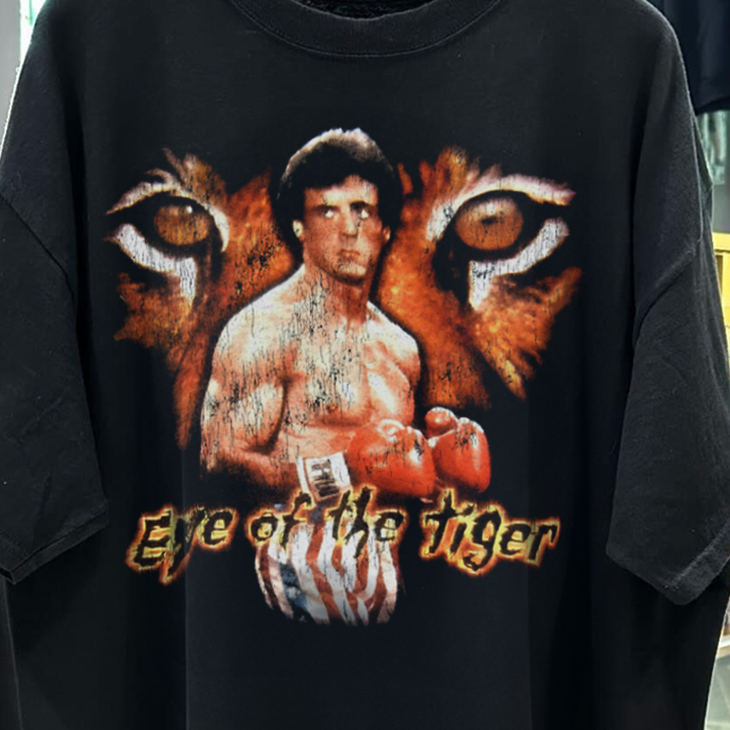 EYE OF THE TIGER *ROCKY 3 PROMO* 80'S RARE VINTAGE WASHED BLACK T-SHIRT