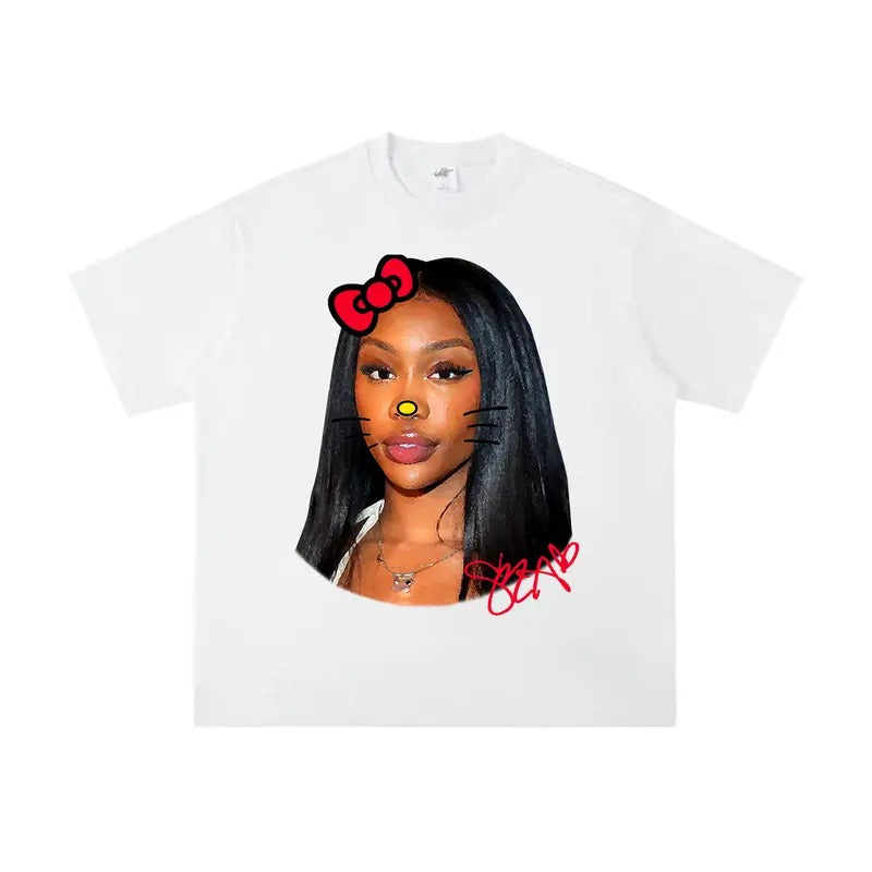 SZA Red Kitty Big Face Rap Shirt - Trendy Graphic for Standout Style
