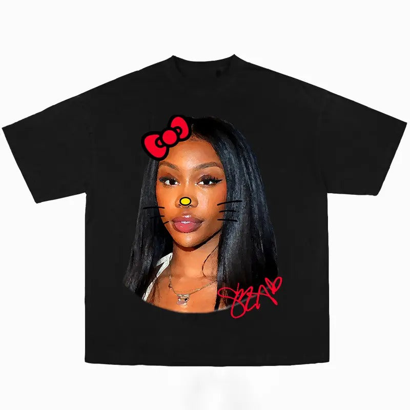 SZAAA Red Kitty Cute Graphic Big Face Shirt