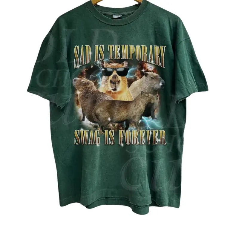 Sad Is Temporary Swag is Forever Vintage 90s T-Shirt, Retro 90s Capybara T Shirt, Funny Y2k Washed Graphic Tee, Funny Silly Party Tees, Tee Menswear Top Underwear Streetwear
