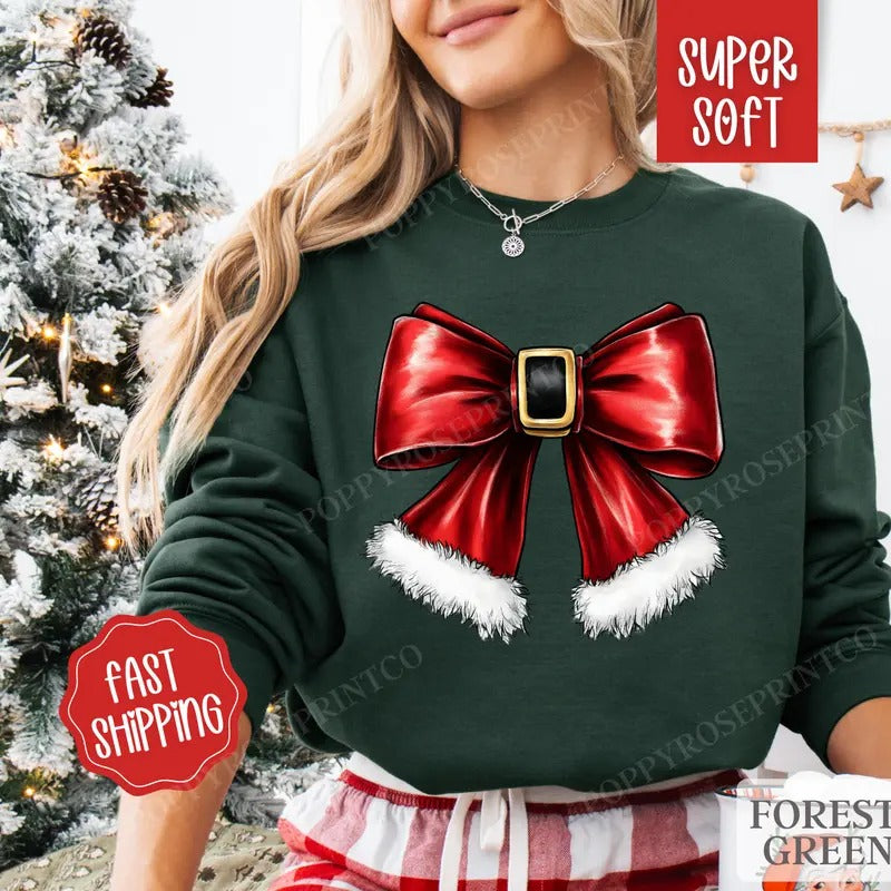 Santa Bow Christmas Sweatshirt, Merry Christmas Sweater, Women's Holiday Crewneck funny santa
