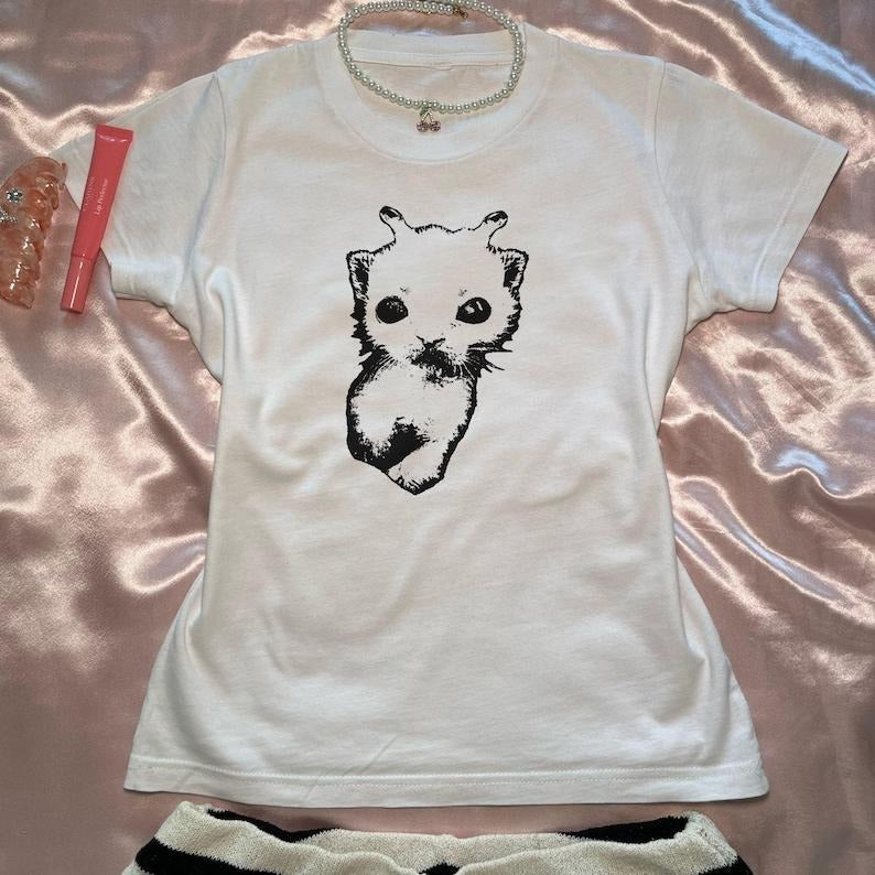 Silly Cat Alien Y2K Baby Tee 90s Weirdcore Vintage Kitten Baby Tee, Rockstar Gf Aesthetic Cat Baby Tee, Retro Grunge Coquette Cat Trendy Top