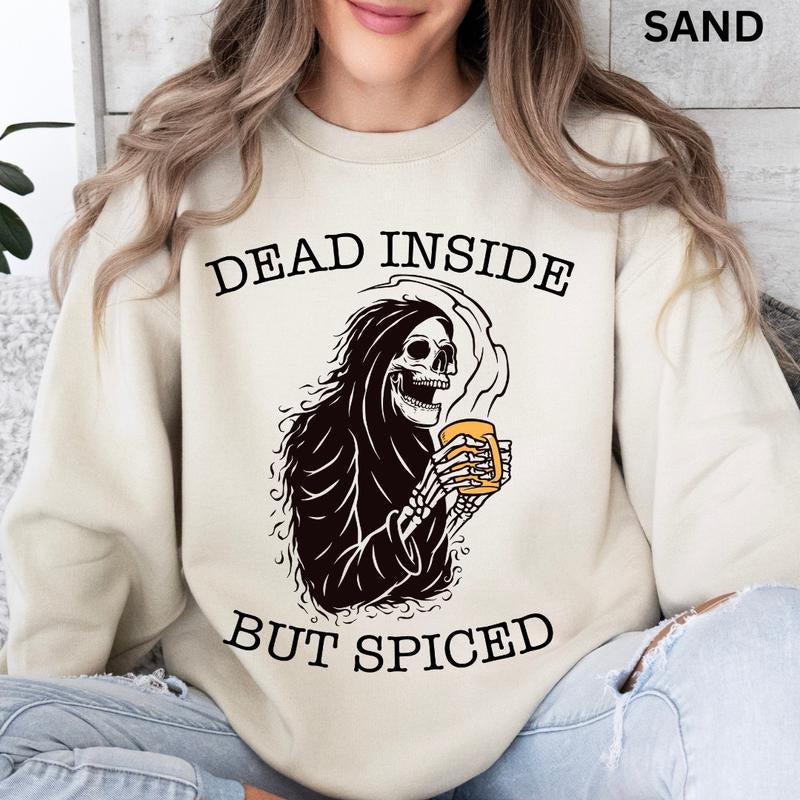 Skeleton Halloween Crewneck, Halloween Dead Inside but Spiced Sweatshirt, Oversized Halloween Graphic Crewneck, Cotton Pullover Spooky Season Sweater