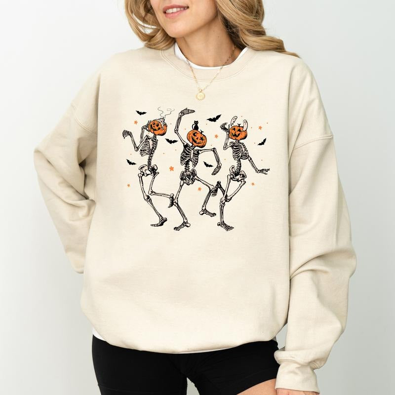 Skeleton Halloween Sweatshirt, Pumpkin Halloween Sweater, Spooky Season Apparel, Funny Skeleton Dancing Crewneck, Halloween Pullover, Spooky Vibes Pullover, Halloween Party Sweatshirt, Women's Top, Womenswear, Soft Fabric Sweatshirt