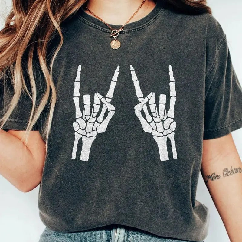 Skeleton Hand T-Shirt, Skeleton Shirt, Horror Gift, Skeleton Rock Hand Sweatshirt, Rock and Roll Shirt, Funny Halloween Shirt, Skull Hand Shirt, Shirts For Women, Halloween Women Top