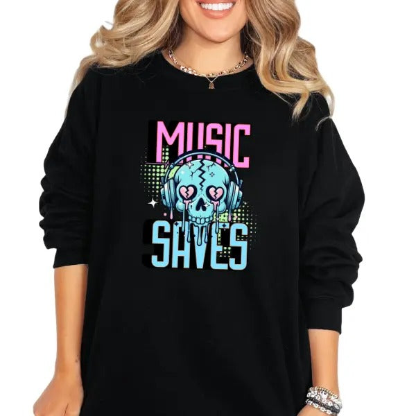 'Music Saves Me' Sweatshirt, T Shirt, or Hoodie | Vintage Grunge Aesthetic Pullover w/Skulls, Retro Vibes | 90's & 80s Style, Nostalgia Graphic Tops