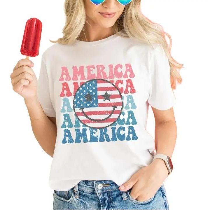 Smiley Face Shirt, 4th Of July Shirt, Retro Smile Face Vintage Graphic Tee Cute Summer Fourth T-shirt Plus Size USA Happy Face Tshirt