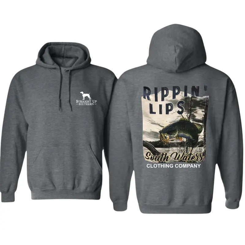 South Waters Fishing Graphic Rippin' Lips Hoodie - Perfect Boyfriend Gift for Men - Menswear, Sweatshirts