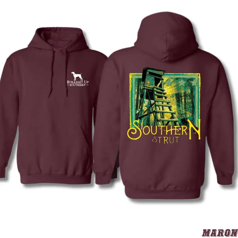 Southern Strut Hoodie - Rustic Hunting Stand Graphic with Bold Southern Pride Design, Perfect for Outdoor Enthusiasts and Country Living Fans, Unisex Hoodie for Comfort and Style Menswear Sweaters