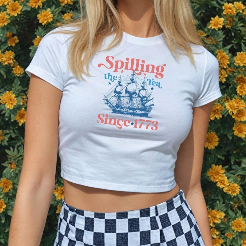 Spilling the Tea Since 1773 4th of July Baby Tee Shirt, Trendy Patriotic American USA Tshirt, Patriotic 4th of July Baby Tee Aesthetic, Retro Summer Tee