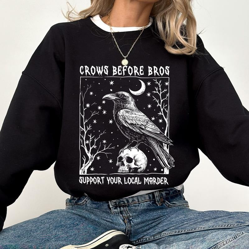 Spooky Crows Before Bros Sweatshirt, Gothic Raven Crewneck, Support Your Local Mrder Sweater, Funny Bird Lover Gift, Humorous Crow Tops, Womenswear