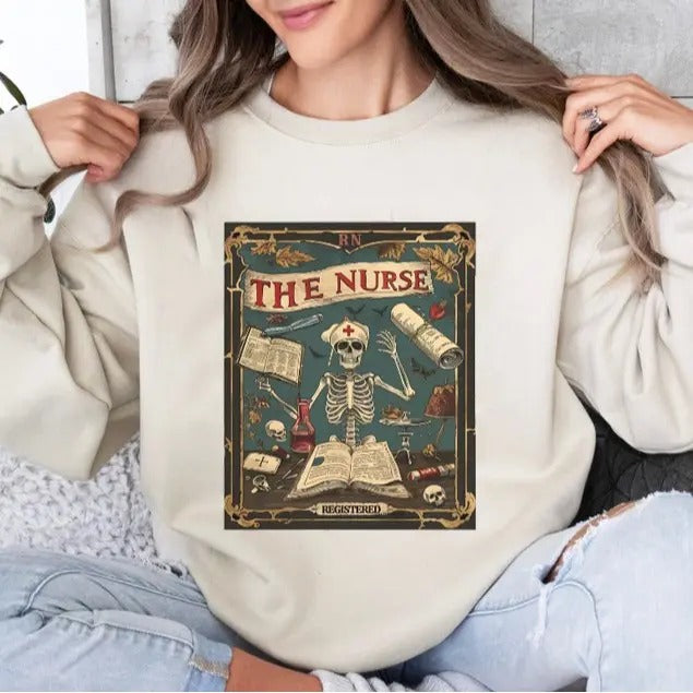 Spooky Nurse Tarot Card Sweatshirt, Funny Skeleton Nurse Halloween Shirt, Nurse Graduate Gift, Fall Nurse Shirt, Nursing School Graduation Gift, Trendy Gift For Her, Unisex Shirt, Full Size and colors for Men and Women