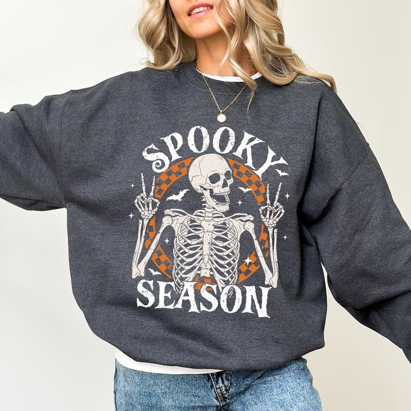 Spooky Season Skeleton Sweatshirt, Funny Skeleton Sweater, Halloween Skeleton Crewneck, Halloween Party Tops, Spooky Season Sweatshirt, Comfy Long Sleeve Pullover, Casual Women's Tops, Oversized Womenswear, Comfort Unhinged Fabric Cotton Top, Gothic Style