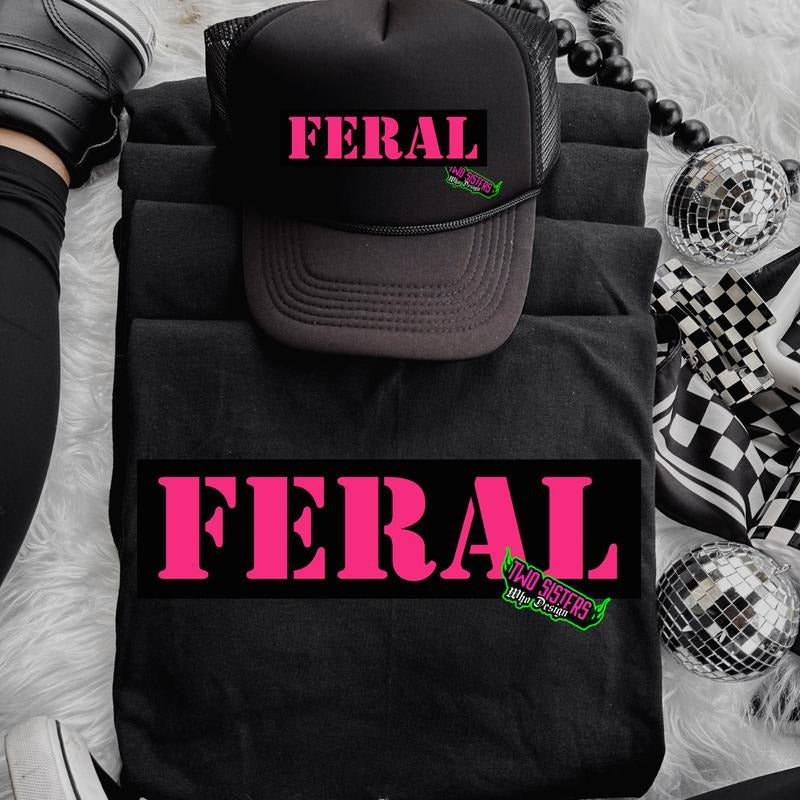 Stay Feral PINK Print Summer T-Shirt + Trucker Hat - Unisex Short Sleeve Casual Comfort Cotton Graphic T-Shirt for Everyday Wear - Comfortable