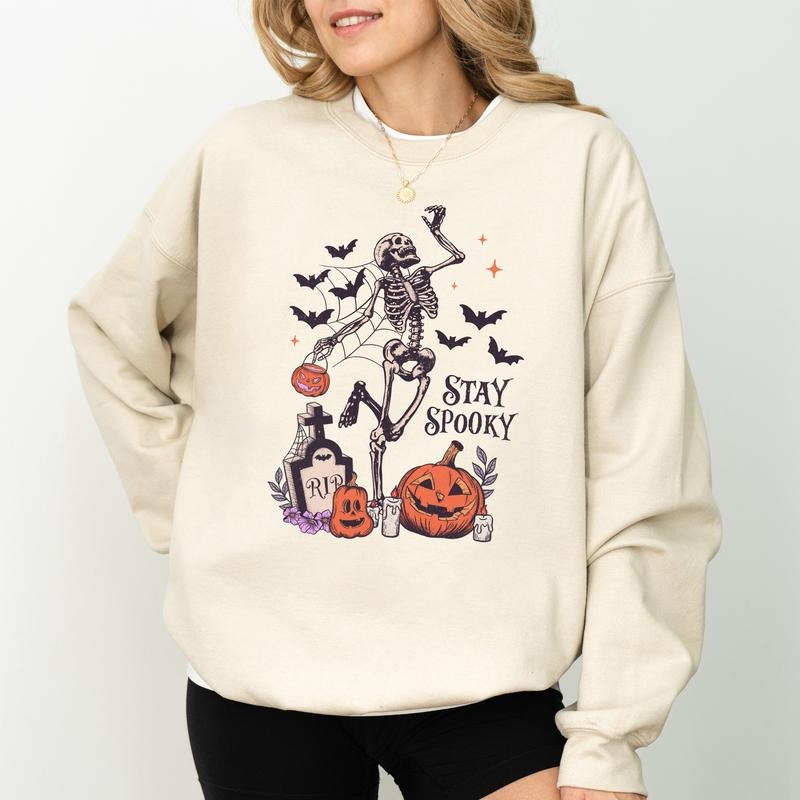 Stay Spooky Dancing Skeleton Sweatshirt, Funny Skeleton Halloween Sweatshirt, Creepy Pumpkin Skeleton Sweater, Scary Halloween Crewneck, Spooky Season Sweatshirt, Comfy Long Sleeve Pullover, Women's Tops, Casual Womenswear, Comfort Fabric Cotton Top