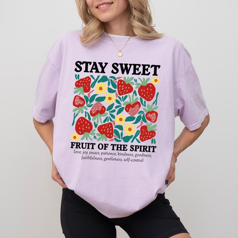 Stay Sweet Comfort Colors Shirt, Fruits of the Spirit T-shirt, Boho Christian Strawberry Graphic Tee, Bible Verse Clothing, Positive Outfits