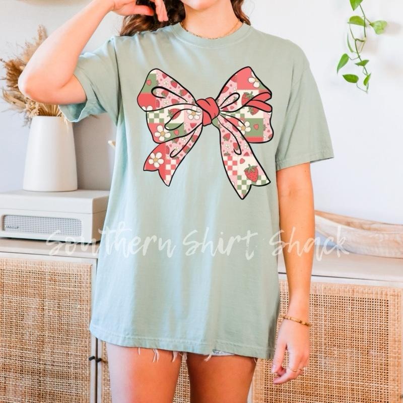 Strawberry Patchwork Bow shirt  | Bay comfort colors t shirt | girly graphic tee | bow t shirt