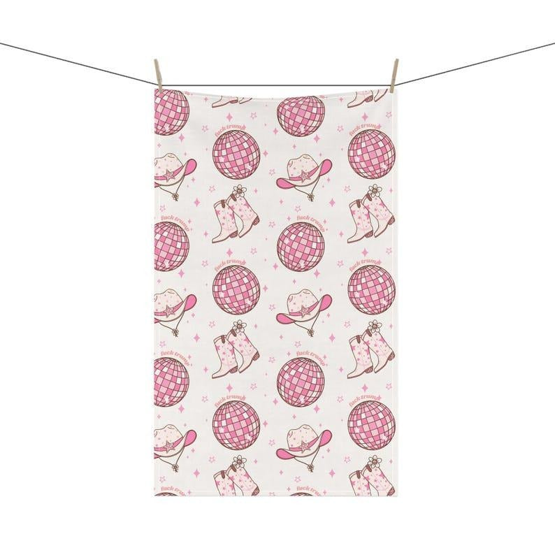 Subtle F*ck Trump Tea Towel, Pink Disco Ball Cowgirl Cotton Kitchen Towel, Funny Political Dish Cloth, Anti Trump Gift, Feminist Kitchen