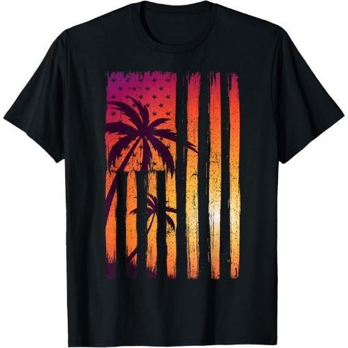 Summer Sunset Palm Trees American Flag Cool Spring Beach T-Shirt Made in USA